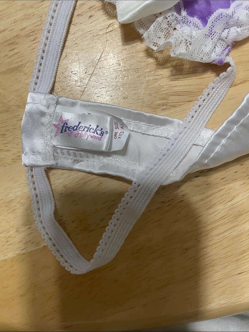 Frederick's of Hollywood Lavender Satin Thong with White Lace & Bow - Picture 3 of 3